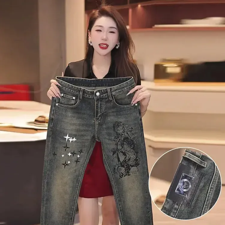 秋季欧货上新款高端烫钻男士牛仔裤时尚修身弹力潮牌克罗心小脚裤