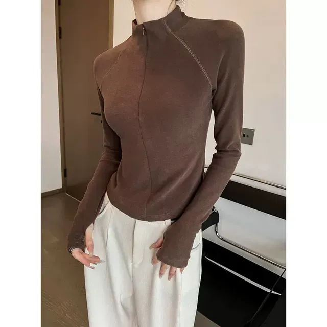 半高领打底衫女秋冬紧身长袖上衣修身双面抓毛保暖欧美ins辣妹T恤