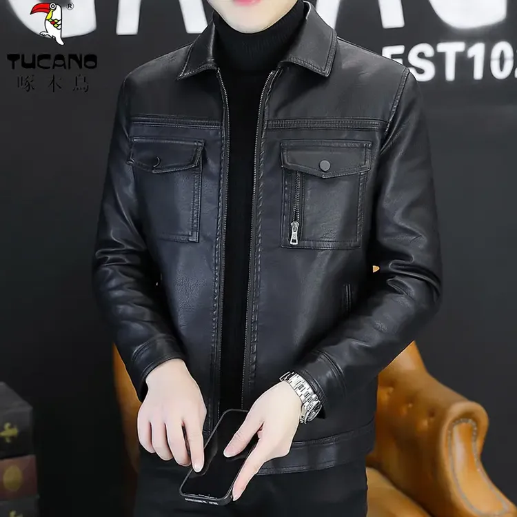 啄木鳥高端男士皮衣新款外套韩版修身潮流帅气机车秋冬翻领皮夹