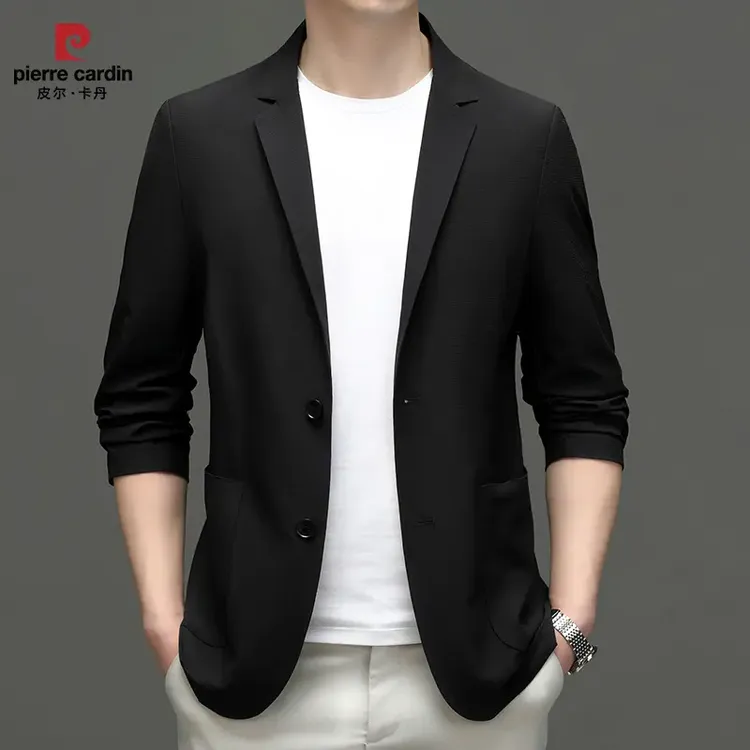 皮尔卡丹男士新款夏季透气西服弹力冰感轻奢西装领外套上衣超薄潮