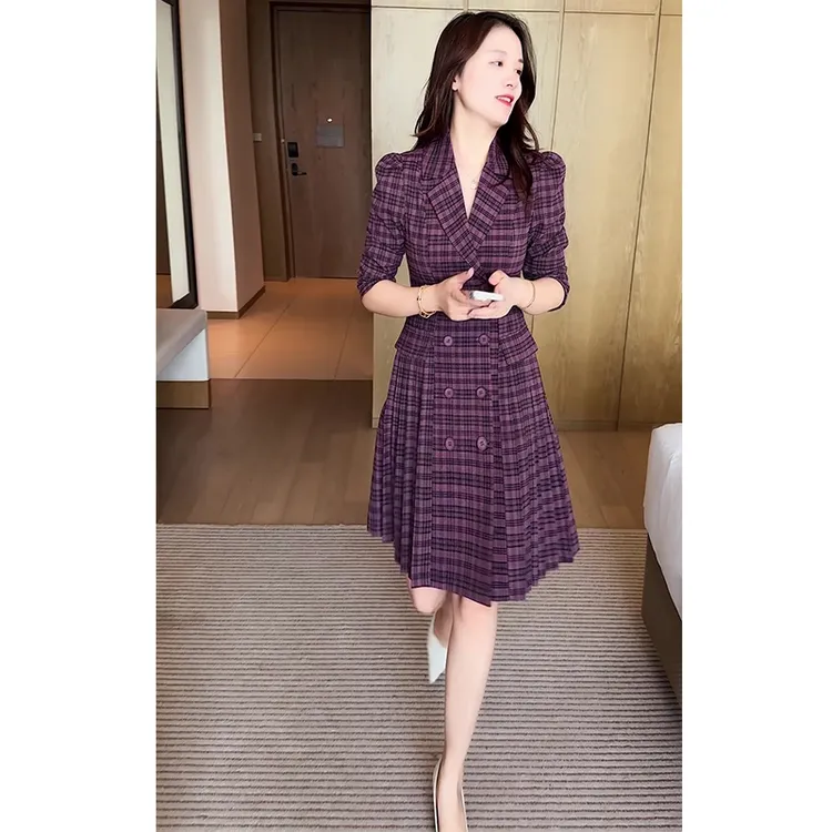 连衣裙B7143 2025秋季气质女装中长裙西装领小个子修身格纹职业裙