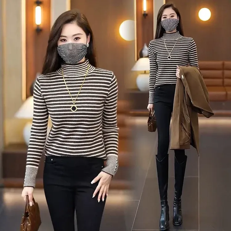 【冬款推荐】仿水貂绒毛衣条纹半高领针织衫时尚上衣百搭休闲保暖