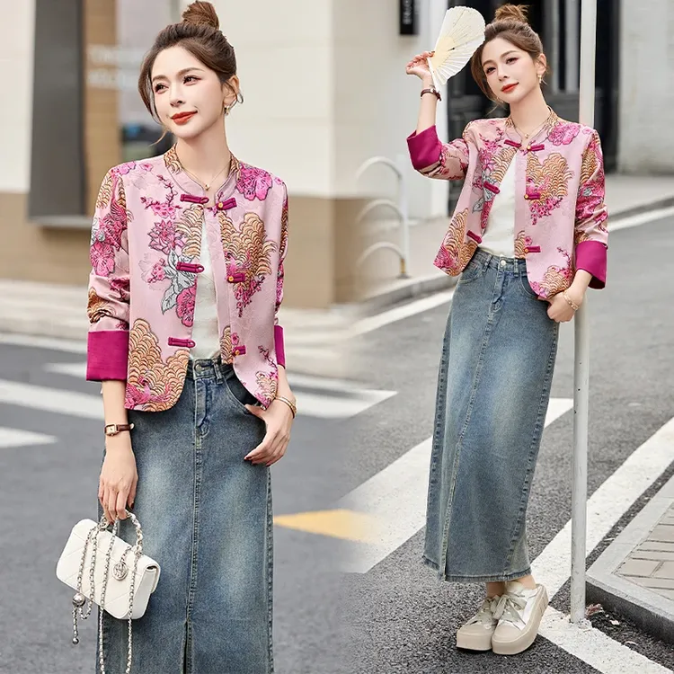 新中式国风提花外套女短款2025春季新款洋气减龄复古盘扣唐装上衣