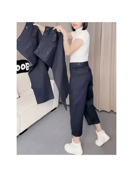 秋季爆款弹力显瘦纽扣休闲裤女梨型大码宽松百搭窄版哈伦九分裤子