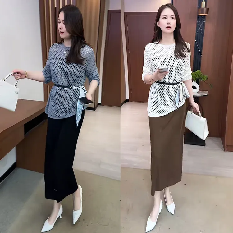 吊带连衣裙女2025新款秋季高级感小个子外搭针织镂空罩衫两件套装