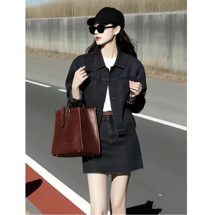 洋气休闲套装女春季韩版复古长袖牛仔外套短款上衣高腰显瘦半身裙