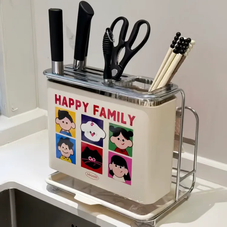 奶油风刀架厨房多功能置物架家用筷子笼一体锅盖架台面菜板收纳架