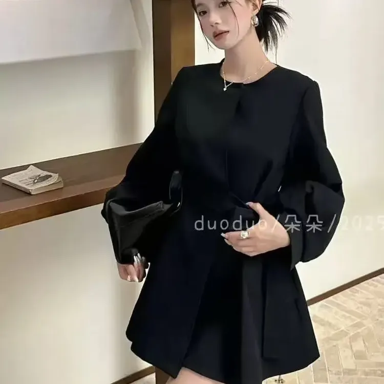大码黑色圆领系带纯色时尚设计感气质女士风衣外套25926