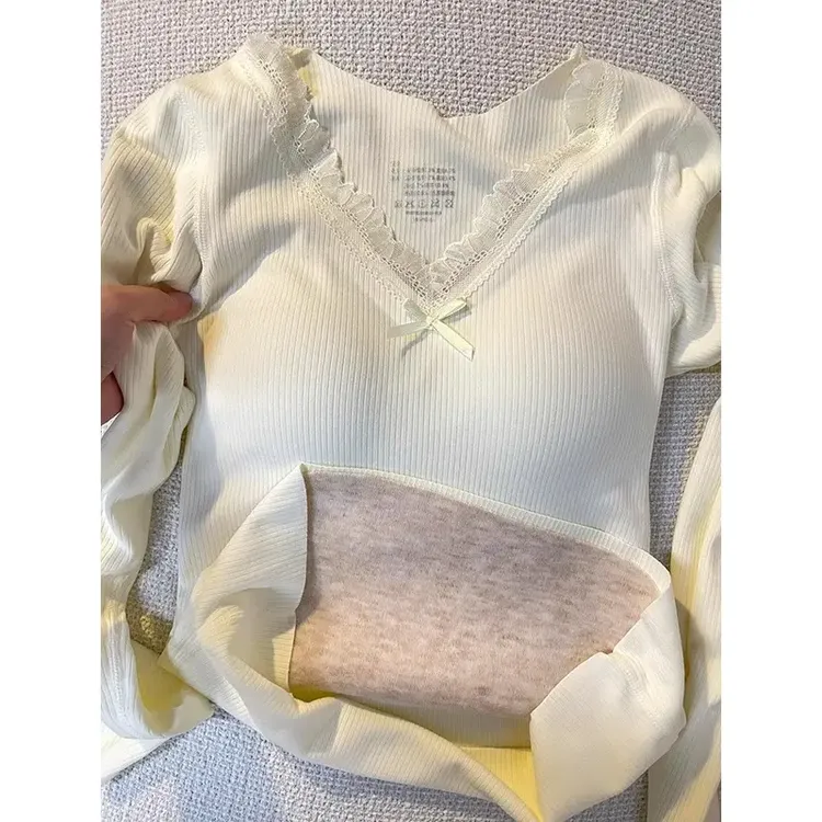 【长袖版】保暖内衣女带胸垫蚕丝加绒加厚发热内搭外穿上衣睡衣套装
