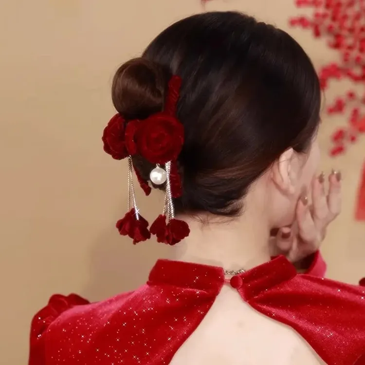 玫瑰花抓夹后脑勺气质头花鲨鱼夹新年服头饰红色喜庆旗袍流苏发夹