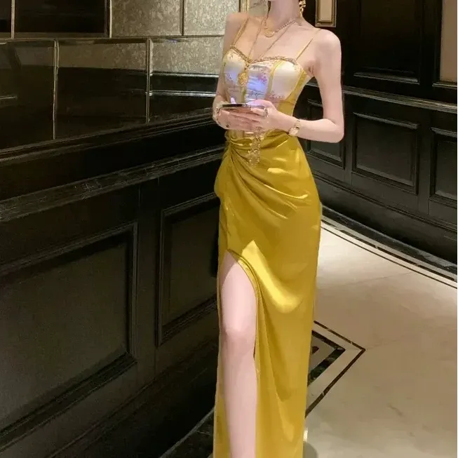 新中式国风钉珠织带提花鱼骨吊带连衣裙女夏唐装高端测开叉长裙子