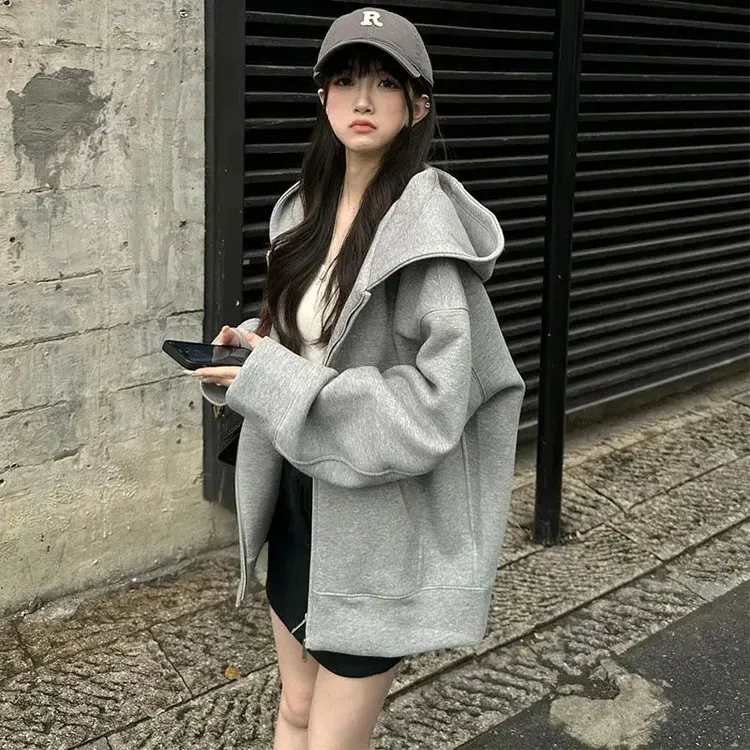 浅灰色500g重磅开衫卫衣男女春秋2025美式cleanfit慵懒风连帽外套