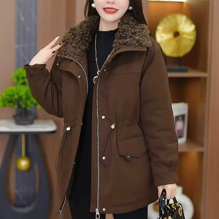 中长款休闲风保暖加绒加厚毛领派克服显瘦抽绳设计秋冬女装