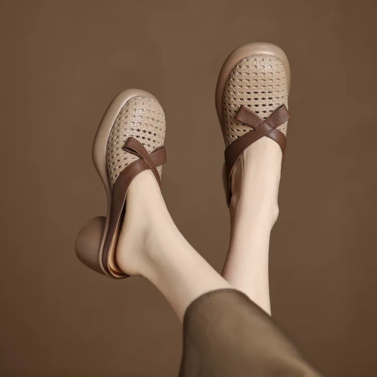 小个子高跟厚底包头凉拖鞋女2025夏新款粗跟拼色蝴蝶结半拖一字拖