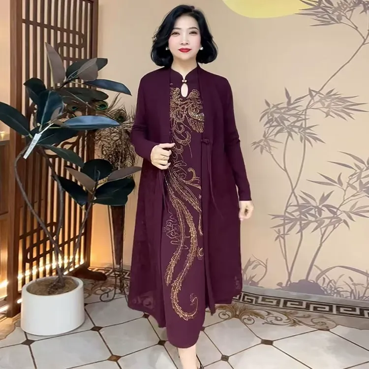 高端妈妈婚宴礼服重工烫钻针织连衣裙长款宽松两件套打底衫可单穿
