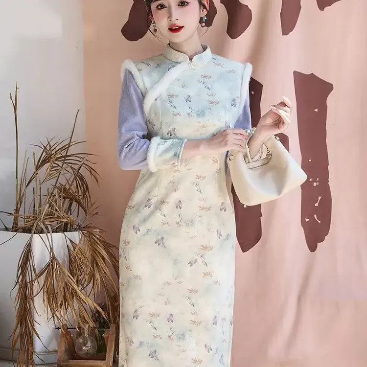 云【紫萱】冬款加绒加厚高腰裙日常长袖气质优越修身显瘦旗袍（118）