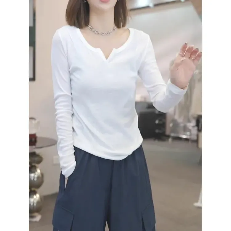 大码V领正肩长袖T恤女2025秋季新款胖mm宽松显瘦百搭打底上衣