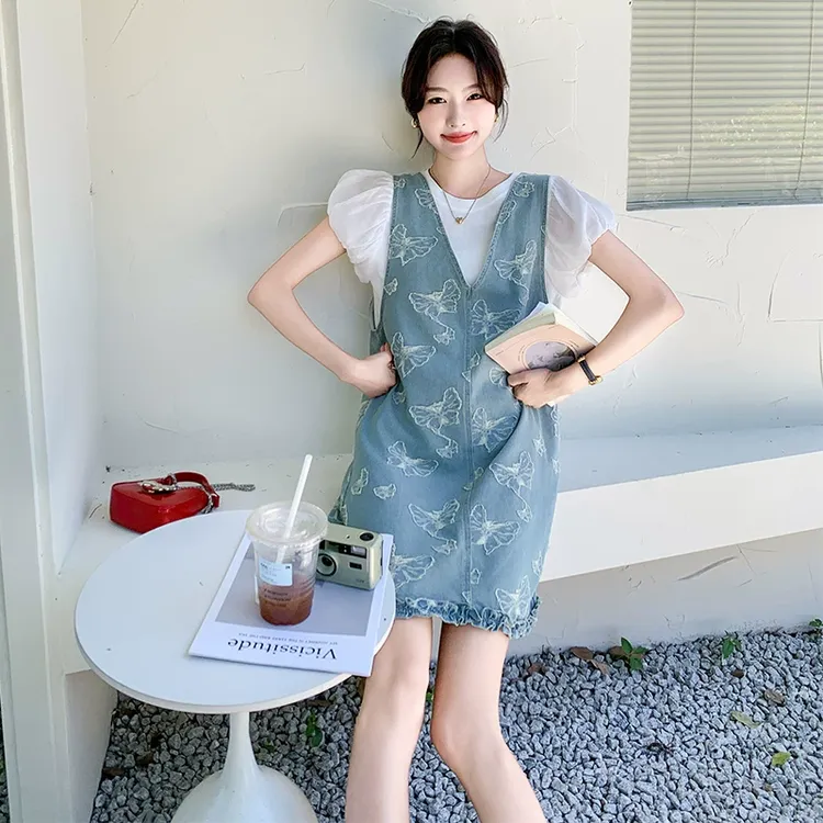 法式提花牛仔背心连衣裙套装女夏季2025新款小个子洋气减龄两件套