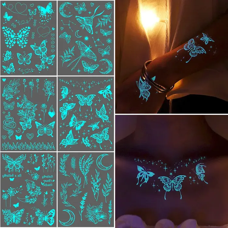 【甜星】夜光纹身贴荧光唯美白色类似素花纹星星蝴蝶脸贴小清新用品
