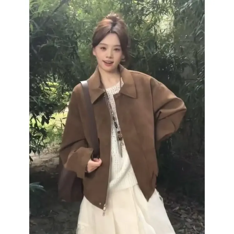 2025春秋新款复古麂皮绒外套女高级感小个子翻领宽松休闲夹克上衣