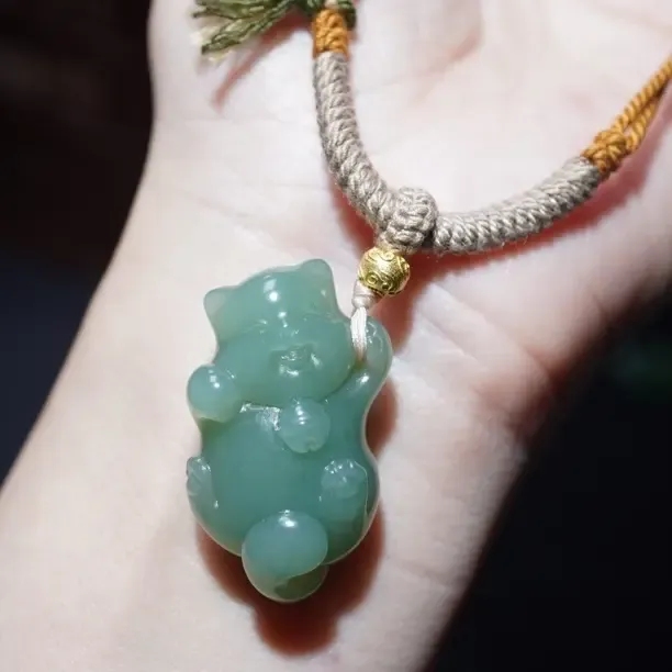 和田玉碧玉粉青萌猫咪吊坠男女款玉坠玉佩项链玉石挂件