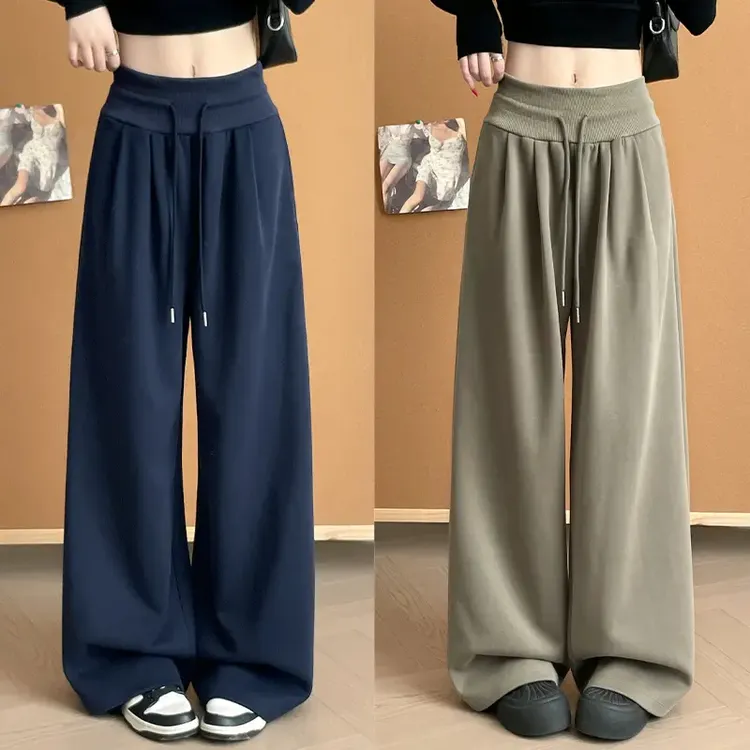 秋季女士抽绳卫裤慵懒风运动裤女直筒阔腿裤女裤休闲百搭拖地长裤