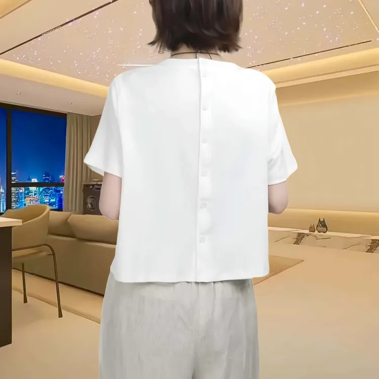 后背单排扣纯色短袖t恤女2025夏季新款宽松休闲百搭短款圆领上衣