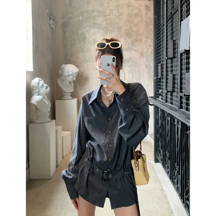 中古解构 含腰带条纹衬衫女秋季新款设计感小众收腰显瘦上衣