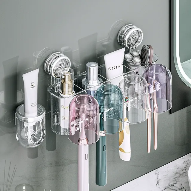 吸盘牙刷置物架家用漱口杯卫生间壁挂免打孔牙杯壁挂式电动牙刷架