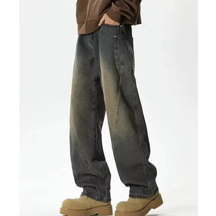 美式高街弯刀牛仔裤男春秋季潮牌痞帅炸街裤子cleanfit直筒微喇裤