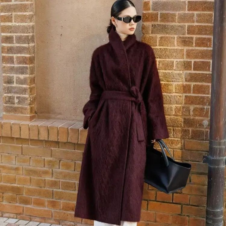 ELATEENCOUNTER藏地牦牛绒长款保暖系带慵懒浴袍风婚宴外套大衣