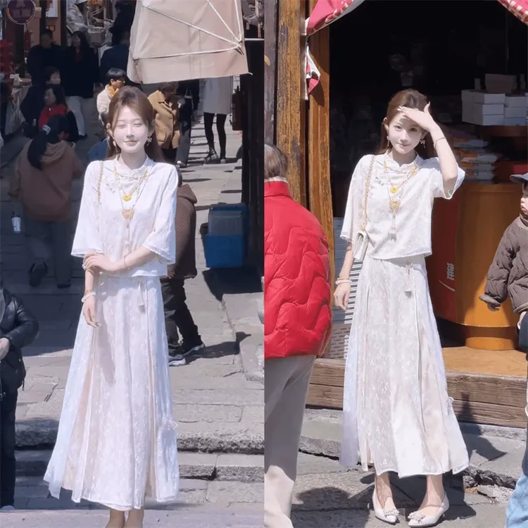 新中式改良套装女蕾丝绣花盘扣衬衫一整套ootd穿搭新款蝴蝶半身裙