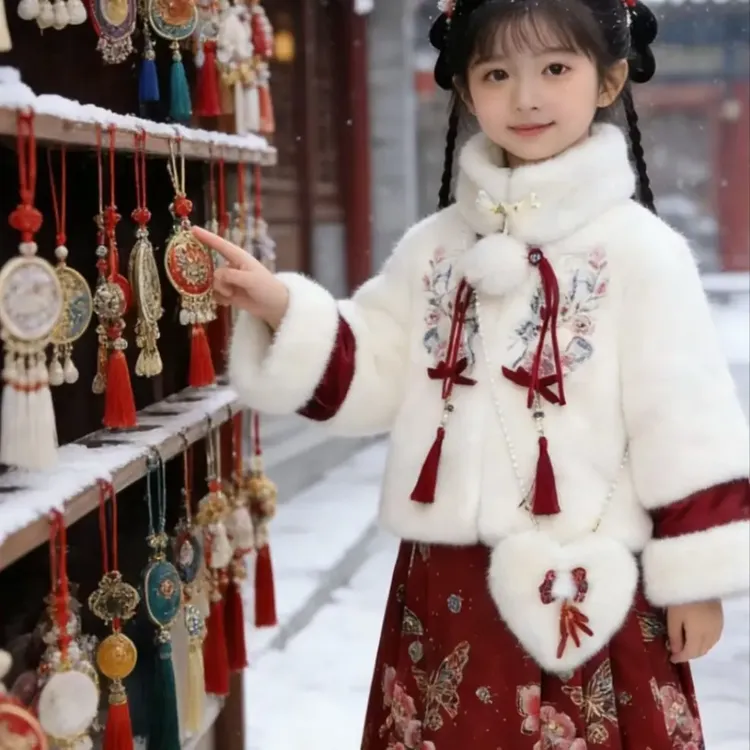 加厚加绒冬季女童国风马面裙汉服拜年服套装