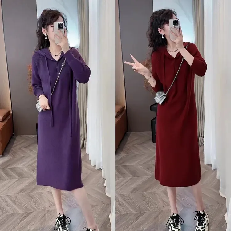 德绒连衣裙连帽韩版秋季卫衣裙打底秋冬过膝大码中老年女装裙子