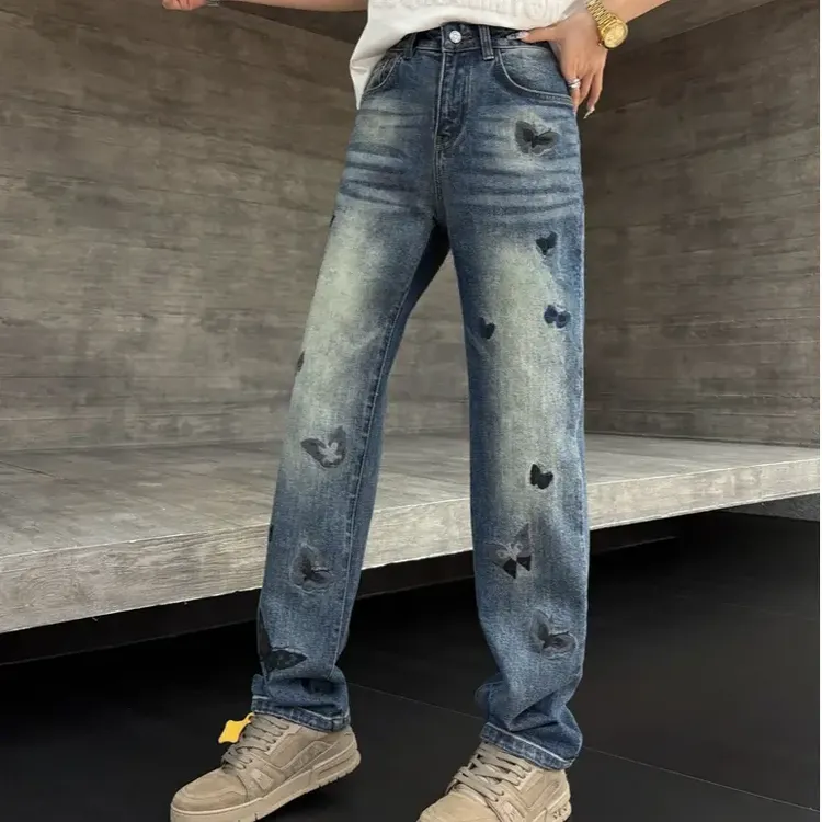 【雨蝶】秋冬新品直筒刺绣牛仔裤男女同款轻奢百搭复古做旧弹力长裤