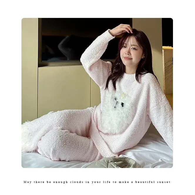 秋冬新款暖暖绒女士长袖长裤睡衣