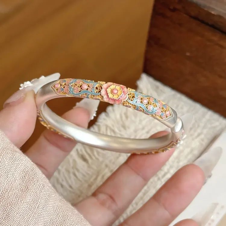 足银珐琅手镯 足银999.9珐琅彩手镯女海棠花纯银镯子花丝高级感