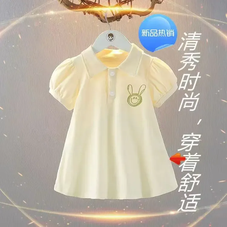 女童夏季连衣裙洋气公主裙轻薄纯色polo裙女宝袖裙子儿童舒适童装