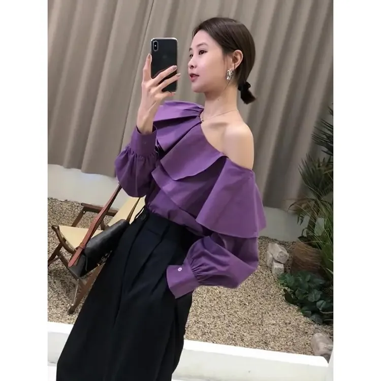 法式打底斜肩荷叶边紫色长袖衬衫女早秋绝美性感露肩显瘦气质上衣