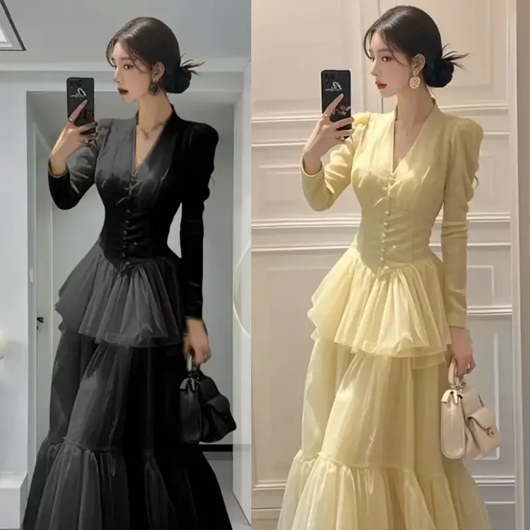 A135法式连衣裙赫本小黑裙女神范长裙子高级感气质v领收腰显瘦