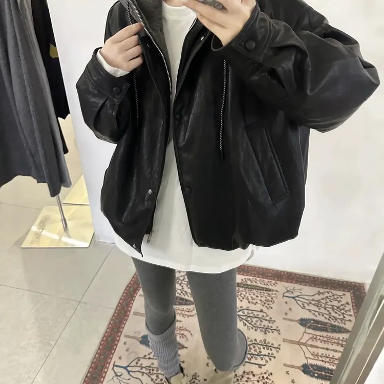 梦小小女装2025冬新款韩系宽松设计感假两件PU皮衣保暖棉服外套女