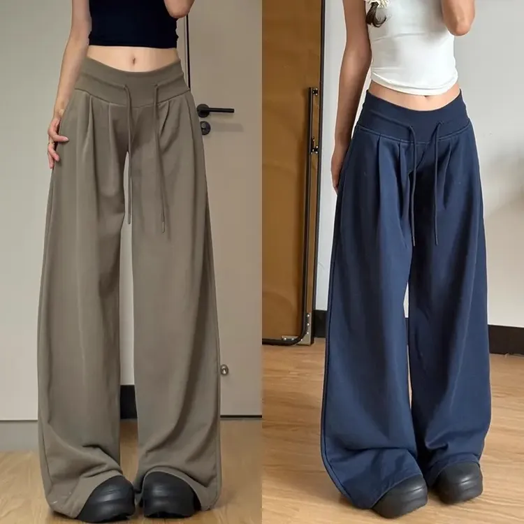 美式高腰抽绳运动裤女秋季新款高腰垂感宽松直筒显瘦休闲阔腿裤WM