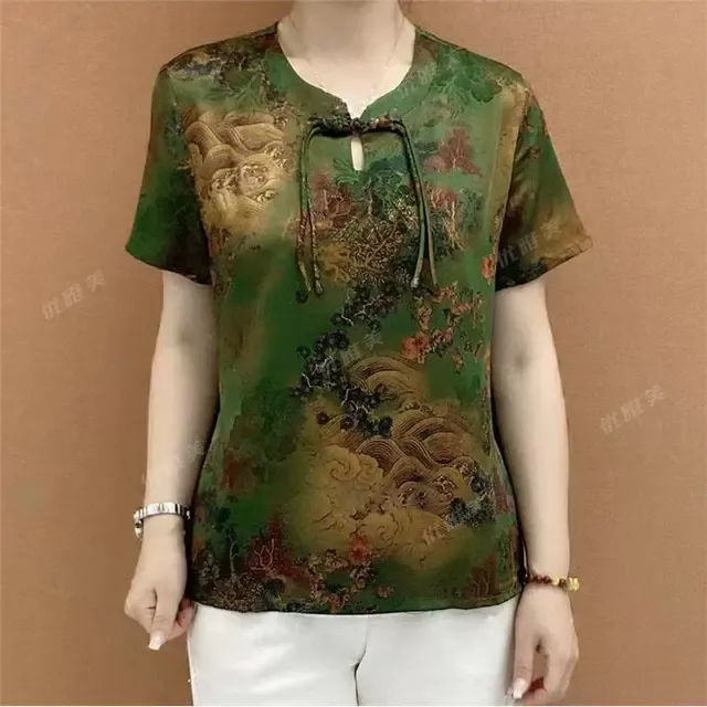 夏季新款显瘦气质时尚中老年女士短袖T恤复古盘扣小衫上衣妈妈装