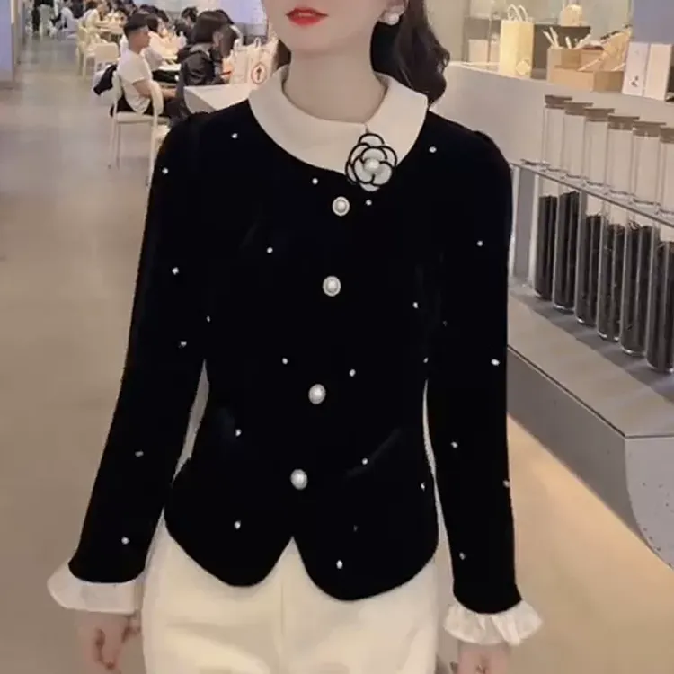 法式重工镶钻衬衫拼色长袖丝绒衬衫女秋2025新款洋气减龄显瘦上衣