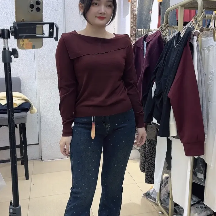 套头女百搭翻领针织圆领毛针织衫一字领荷叶边打底衫