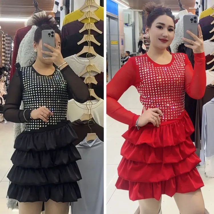 小众设计感名媛风羽毛袖水钻蓬蓬蛋糕连衣裙