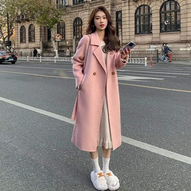 粉色双面绒呢大衣女2025年秋冬新款韩版宽松中长款系带毛呢外套