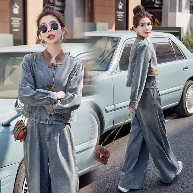 2025春秋减龄时尚休闲复古阔腿裤两件套女新中式盘扣宽松牛仔套装