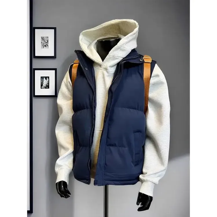 藏青色马甲棉服春秋款加厚保暖潮牌韩版背心外套男搭配卫衣棉坎肩