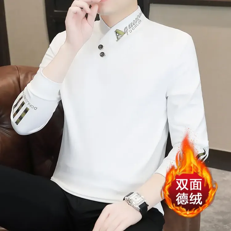 2025新款德绒假两件半高领男士打底衫秋冬长袖保暖面料中领上衣男